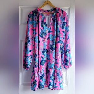 Lilly Pulitzer Women's Lucee Long Sleeve Bright Pink with Blue Floral Dress Sz:M